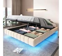 EURHCIO Lit Coffre 160x200cm Rembourré sans Tête,Cadre de Lit 2 Personnes avec Effet Flottant,éclairage LED,Rangement Hydraulique,pour Adulte Adolescents(Beige, 160x200)