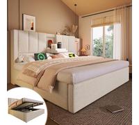 EURHCIO Lit Coffre 180x200cm,Lit Double avec Rangement,Tissu de Lin,Tête Capitonné,Sommier à Lattes,avec Porte-gobelets et Ports USB/Type-C dissimulés,sans Matelas (Beige, 180x200)