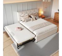 EURHCIO Lit Double 140x200cm Rembourré,Cadre de Lit 2 Personnes avec Lit Gigogne 90x190cm,Sommier à Lattes Robuste,pour Adulte Adolscents,Velours,sans Matelas(Beige, 140x200)