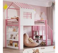 EURHCIO Lit Mezzanine 1 Place en Fer 90x200cm,Lit Cabane avec Escaliers de Rangement Réglable,3 Grandes étagères,Fenêtre,Barrières Surélevé,pour Garçons Filles Adolescents (Rose)