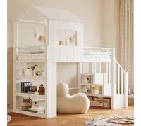 EURHCIO Lit Mezzanine 1 Place en Fer 90x200cm,Lit Cabane avec Escaliers de Rangement Réglable,3 Grandes étagères,Fenêtre,Barrières Surélevé,pour Garçons Filles Adolescents (Blanc)