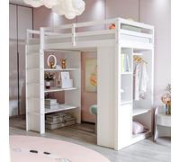 EURHCIO Lit Mezzanine 1 Place,Lit Mezzanine Enfant 90x200 avec Chariot de Rangement Amovible,Penderie,Haute Barrière de lit,étagère,pour Enfants Adolescents (Blanc)