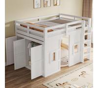 EURHCIO Lit Mezzanine 2 Place 140x200cm,Lit Double Cabane avec Éclairage LED Réglable,Grande Armoire Modulable,2 Fenêtres,Barrières Hautes,Sommier à Lattes Solide,pour Ados(140-Blanc 1)