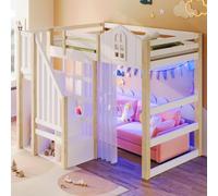 EURHCIO Lit Mezzanine 2 Places 140x200cm,Lit Cabane Enfant avec éclairage LED Réglable,Échelle de Rangement,Rideau en Gaze,Haute Barrière de Type Cabine,pour Enfants Adolescents (Blanc, 90x200)