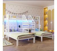 EURHCIO Lit Superposé 3 Places 90x200cm à Éclairage LED,Port USB(Blanc) | Bureau,Échelle de Rangement,Barrières Surélevées,Sommier à Lattes Robuste,pour Garçons Filles