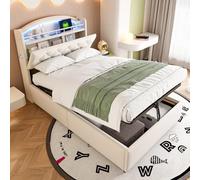 EURHCIO Lit Une Place 90x200cm,Lit Coffre Rembourré avec Ports USB,LED Réglable,étagère,Stockage Hydraulique,Sommier à Lattes Solide,pour Enfant Adolescents (Beige)