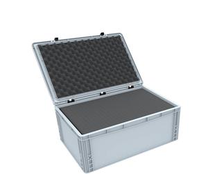 Eurobox 600 x 400 x 235 avec mousse alvéolée, couvercle à charnières, rembourrage