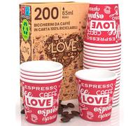 Eurocali 200 Petits Gobelets en Papier de Noël pour Café 65ml LoveRedCUP - Gobelets de Noël Écologiques, Biodégradables, Jetables, Petits pour Emporter, Boissons Chaudes
