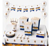 Eurofiestas - Kit complet d'anniversaire du Real Madrid pour 8 personnes - Décoration de fête Madridiste avec nappe, assiettes, verres, ballons, pailles et boîtes à popcorn