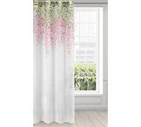 Eurofirany Julieta 382706 Rideau à Oeillets Motif Fleurs Transparentes Aspect Lin Clair pour Salon Cuisine Chambre Enfant Chambre à Coucher Blanc et Rose 140 x 250 cm