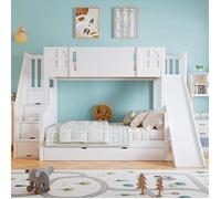 Eurpand Lit Enfant Superposé Triple 90x200 cm Bois Pin MDF avec Toboggan Échelle Toit Design Rangement Blanc LITS SUPERPOSES