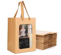 EUSOAR Sac Papier Cadeau - 20 Pièces Sac Cadeaux avec Fenêtre - 180GSM Sac en Papier avec Poignée - 18x13x25cm Gift Pochette Papier Cadeau Marron - Emballages Kraft Cadeaux les Faveurs