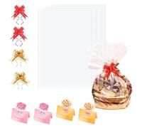 EUYKQNOI 4 Pcs Grands Sacs en Cellophane Set, Transparent Emballage Cadeau 50 x 70 cm Grands Sacs en Cellophane Transparente avec 4 Nœuds + 4 cartes de vœux pour Paniers Cadeaux Artisanat Fleurs