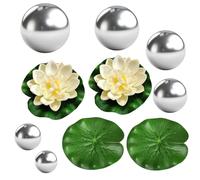 EVBOTGEE Ensemble de 10 pièces pour décoration de bassin, boules miroir en acier inoxydable, ensemble complet pour mini bassin, boules flottantes pour mini bassin, feuilles de lotus décoratives Eva