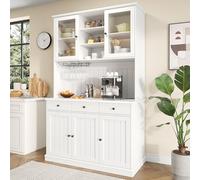 Evedy Buffet Vaisselier Haut 120×40×191 cm, Armoire de Rangement Salle à Manger avec Portes Vitrées, Porte-Gobelets, Rangement Multi-Niveaux, Prise Intégrée, USB-C et USB-A, Poignées Blanc