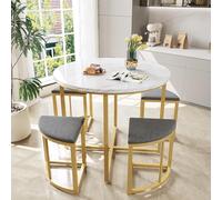 Evedy Ensemble Table et 4 Chaises Table Ronde 80 cm, Plateau MDF, Structure en Métal Doré, Chaises en Velours, Salle à Manger, Cuisine, Séjour Blanc et Gris