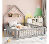 Evedy Lit Cabane 140x190 cm avec Barrière De Sécurité, Lit Maison Au Sol Montessori en Bois De Pin et MDF avec Sommier À Lattes, Design Cabane pour Chambre,Gris-8B