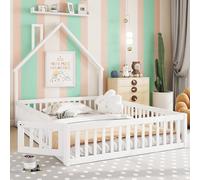 Evedy Lit Cabane Enfant 140x190 cm, Lit Maison Enfant avec Porte et Barrière De Sécurité, Lit Au Sol Montessori avec Sommier À Lattes, Structure en Bois De Pin et MDF, Blanc-8B