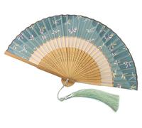 Éventail en bambou et en soie, motif floral vert, 1 pièce