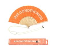 Éventail original avec message ""Air conditioning"". Éventail en bois moderne et amusant. Éventail orange. Mesures: 42,5 x 23 -
