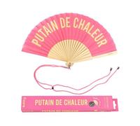 Éventail original avec message ""P***** de chaleur"". Éventail en bois moderne et amusant. Éventail rose et jaune. Mesures : 42,5 x