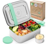 Everusely - Bento Box - Green - 1,1 L - Boîte repas en acier inoxydable avec récipient à sauce étanche - Récipient à snacks 3 compartiments