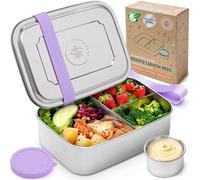 Everusely - Bento Box - Lavender - 1,8 L - Très grande boîte repas en acier inoxydable avec récipient à sauce étanche - Récipient à snacks 3 compartiments