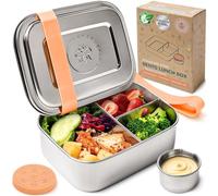 Everusely - Bento Box - Orange - 0,8 L - Boîte repas en acier inoxydable avec récipient à sauce étanche - Organisateur de snacks à 3 compartiments