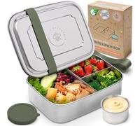 Everusely - Bento Box - Sage - 0,8 L - Boîte repas en acier inoxydable avec récipient à sauce étanche - Organisateur de snacks à 3 compartiments