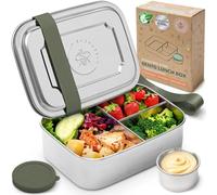 Everusely - Bento Box - Sage - 1,1 L - Boîte repas en acier inoxydable avec récipient à sauce étanche - Récipient à snacks 3 compartiments