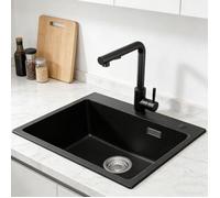 Évier 1 bac - CECIPA MAX - 55x45 cm - Granit noir - Robinet extractible inox - Sans égouttoir
