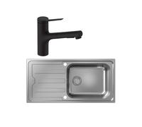 Evier 1 bac HANSGROHE S44 inox + robinet de cuisine avec douchette HANSGROHE Zesis M33 150 2 jets noir mat