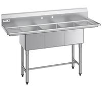 Évier à 3 bacs, en acier inoxydable 304 de calibre 18, dimensions des bacs : 356 x 400 x 279 mm, évier de cuisine professionnel à 3 bacs pour la préparation et les tâches courantes, avec 2 égouttoirs