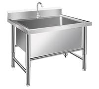 Évier à Autoportant en Acier Inoxydable 1 Compartiment Bac Évier de Cuisine sur Pied Commercial Autonome pour Extérieur Cuve Jardin Plonge Avec Robinet (120X60X80 cm)