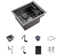Évier à barre en acier inoxydable de 40 x 45 cm, évier de cuisine à cuve unique avec robinet pliable noir et kit de vidange, polyvalent sur le dessus/sous le dessus pour balcons et petits espaces