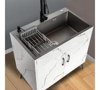 Évier à linge avec armoire, évier utilitaire en acier inoxydable avec robinet pulvérisateur extractible pour intérieur/extérieur, idéal pour buanderie, salle de bain, garage, sous-sol