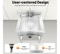 Évier à poser - Cuve simple en acier inoxydable - Capacité de charge : 150 kg - Réglage en hauteur : 1 à 3 cm - Robinet pivotant à 360° - Dimensions intérieures : 45 × 41 × 23 cm - Argent