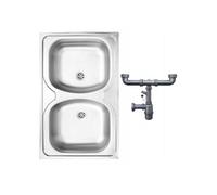 DomoDomo - Évier de cuisine inox à poser 80x50 cm satiné - évier 2 bacs sans égouttoir compact - évier inox cuisine résistant avec siphon inclus