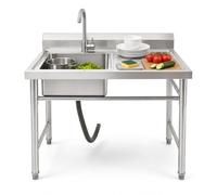 Évier autoportant en acier inoxydable avec robinet, surface de rangement et tamis de vidange, bac à bec gastronomique, 1 bac, évier d'extérieur pour cuisine, jardin, garage, buanderie