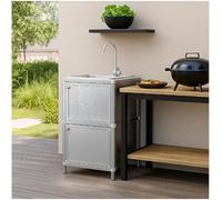 Évier avec meuble de rangement pour cuisine extérieure, couleur argent, idéal pour le jardin et le camping, équipé d'un robinet en acier inoxydable