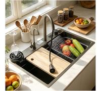Évier cascade 75 x 45 cm - En acier inoxydable noir et gris - Lavabo cascade avec écran d'affichage numérique - 1 bac - Évier de cuisine avec kit complet d'accessoires