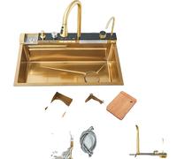 Evier cascade, inox, cuve simple, montage sur plan, or brossé 75X45