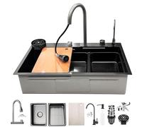 Évier Cascade Multifonctionnel 13 Pièces Ensemble D'évier De Cuisine En Acier Inoxydable Avec Robinet Extractible À Affichage Numérique Poste De Travail À Cuve Unique Lave-tasse Et Boutons De Commande