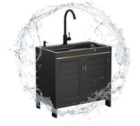 Évier Commercial en Acier Inoxydable, évier De Cuisine Noir avec Robinet d'eau Froide Et Chaude Et étagères De Rangement pour Restaurant, Garage, Buanderie, Buanderie, 75x45x80cm