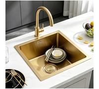 Evier Cuisine 1 Bac 38 x 38 cm,Evier Inox,Or Petit évier de cuisine à cuve unique,avec Robinet de cuisine,panier d'égouttement,kit de trop-plein et de vidange,Montage à Encastrer,à poser ou Sous Plan