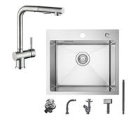 Evier cuisine 1 Bac 50×45CM inox Brossé mitigeur de cuisine extractible avec 2 Fonctions douchette