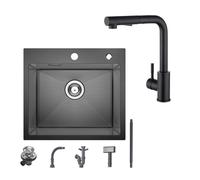 Evier cuisine 1 Bac 50×45CM inox Noir anthracite mitigeur de cuisine extractible avec 2 Fonctions douchette