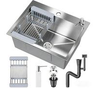 Evier Cuisine 1 Bac 55 x 43 cm, Inox avec Filtre de Vidange, Poser avec Trous pour Robinets BOUCHON EVIER