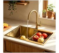 Evier Cuisine 1 Bac 60 x 40 cm,Evier Inox,Or Petit évier de cuisine à cuve unique,avec Robinet de cuisine,panier d'égouttement,kit de trop-plein et de vidange,Montage à Encastrer,à poser ou Sous Plan