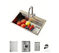 Evier Cuisine 1 Bac Argenté 70 × 45 cm,Evier Inox 1 Bac,2 Trous Pour Robinets,Ensemble Comprenant Une CréPine,Un Bac De DéCongéLation,Un Panier De Vidange Et Un Siphon